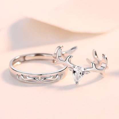 "Deer Love" Couple Rings - 925 Sterling Silver Adjustable Matching Set with Zircon Accents