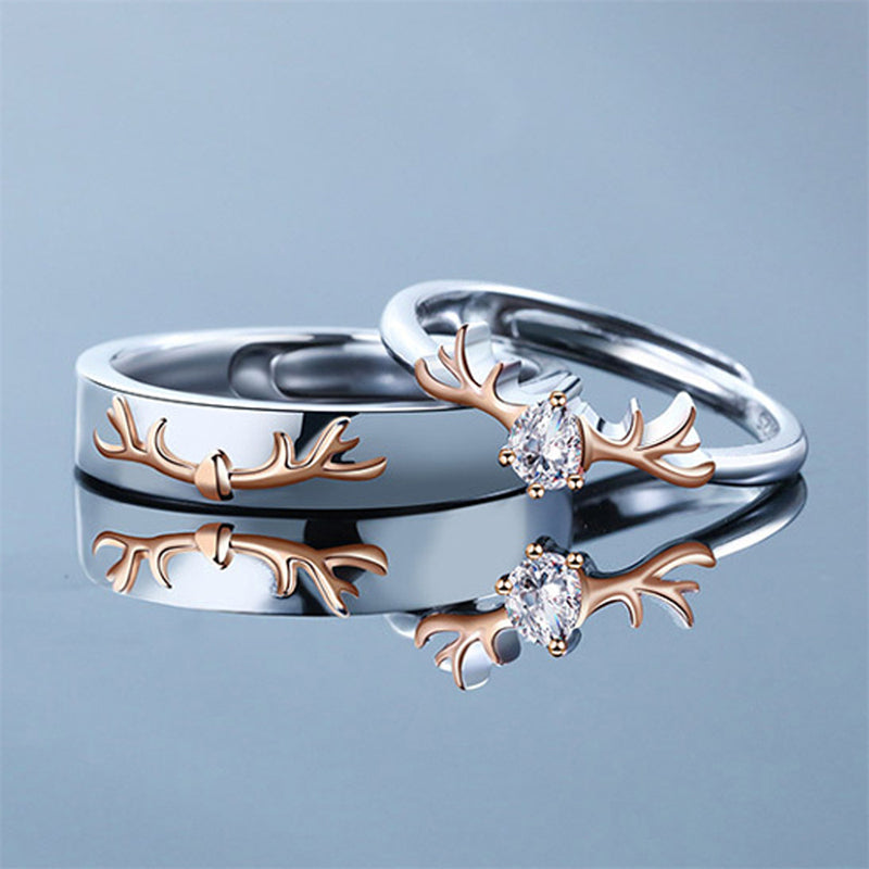 "Deer Love" Couple Rings - 925 Sterling Silver Two-Tone Deer Motif Matching Set