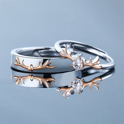 "Deer Love" Couple Rings - 925 Sterling Silver Two-Tone Deer Motif Matching Set
