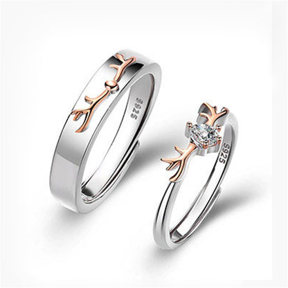 "Deer Love" Couple Rings - 925 Sterling Silver Two-Tone Deer Motif Matching Set