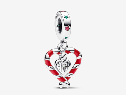 Double Candy Cane Heart Christmas Dangle Charm