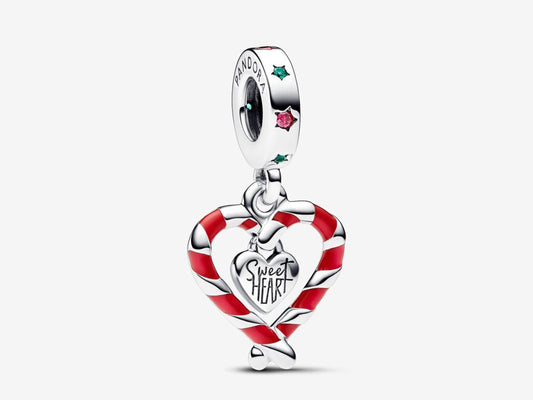Double Candy Cane Heart Christmas Dangle Charm