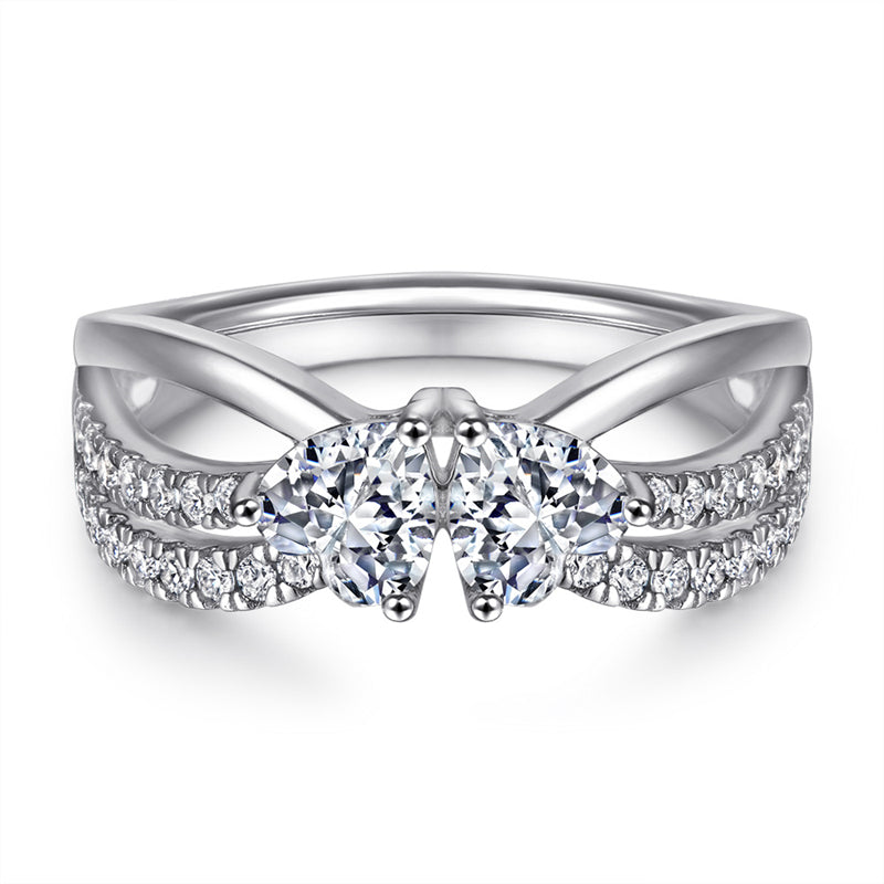 Double Heart 925 Silver Ring - Romantic Interlocking Zirconia Band