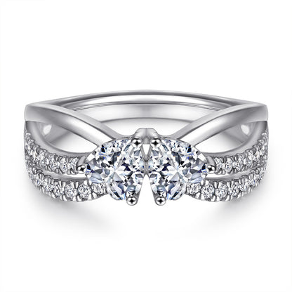 Double Heart 925 Silver Ring - Romantic Interlocking Zirconia Band