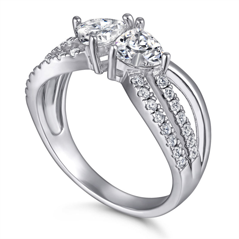 Double Heart 925 Silver Ring - Romantic Interlocking Zirconia Band