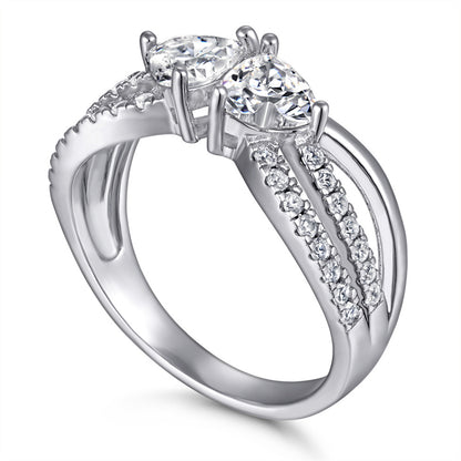 Double Heart 925 Silver Ring - Romantic Interlocking Zirconia Band