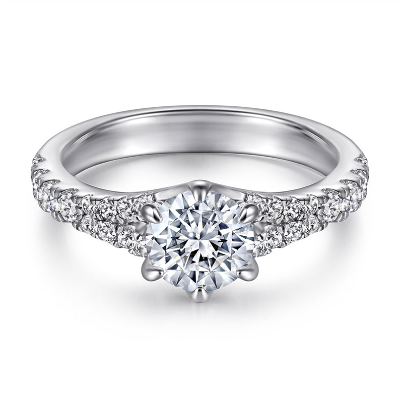 Double Row 925 Silver Ring - Six-Prong Zirconia Engagement Band