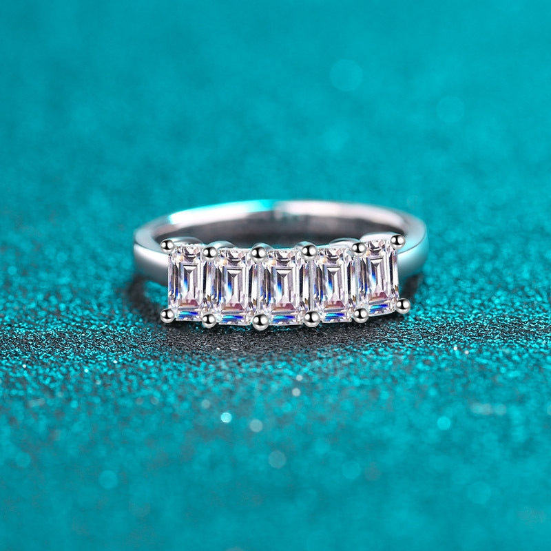 Emerald Cut Moissanite Ring - PT950 Plated 925 Sterling Silver with Musical Note Motifs