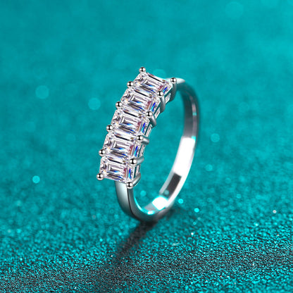 Emerald Cut Moissanite Ring - PT950 Plated 925 Sterling Silver with Musical Note Motifs