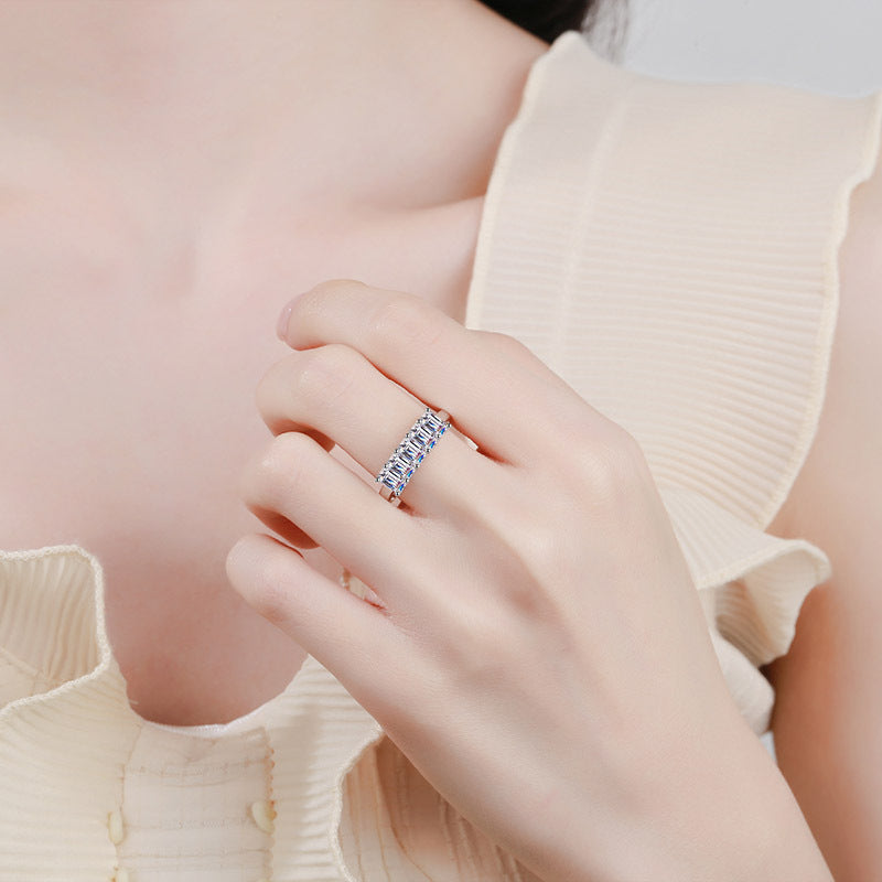 Emerald Cut Moissanite Ring - PT950 Plated 925 Sterling Silver with Musical Note Motifs