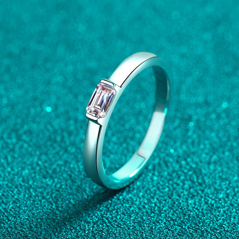 Emerald Cut Moissanite Ring in 925 Sterling Silver | 0.5ct Rectangular Bezel Setting