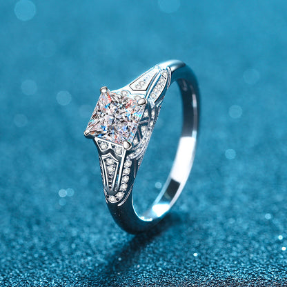 Ethnic Blessing S925 Silver Ring PT950 Plated Princess Cut Moissanite Solitaire for Women