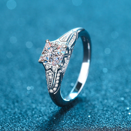 Ethnic Blessing S925 Silver Ring PT950 Plated Princess Cut Moissanite Solitaire for Women