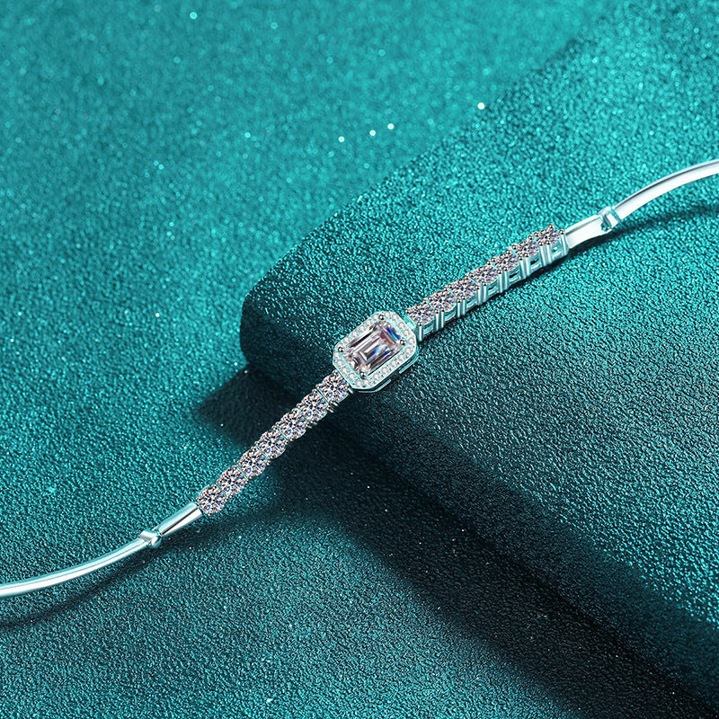 Ethnic Floral 925 Silver Bracelet with Choice of 2.4ct Moissanite | Emerald Cut | Radiant Cut | Blue Moissanite