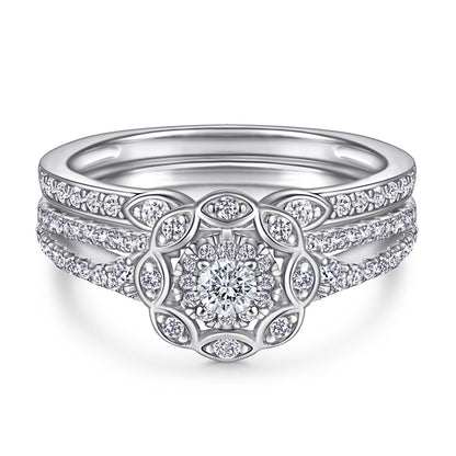 Floral 925 Silver Ring Set - Versatile Bridal Stack with Zirconia Accents