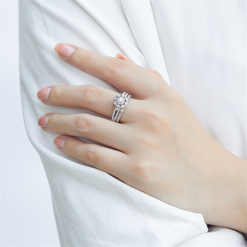Floral 925 Silver Ring Set - Versatile Bridal Stack with Zirconia Accents