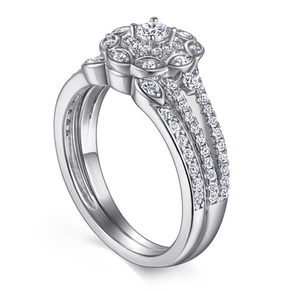 Floral 925 Silver Ring Set - Versatile Bridal Stack with Zirconia Accents