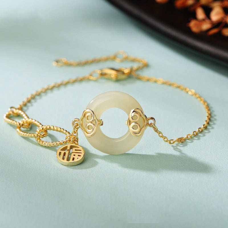 Floral Chinese Bracelet 925 Silver Jade Lucky Charm Jewelry