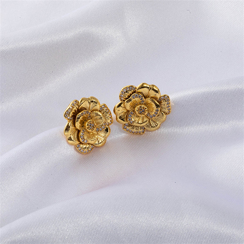 Floral Gold Plated Stud Earrings for Women - Light Luxury Flower Design Everyday Jewelry
