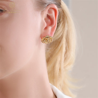 Floral Gold Plated Stud Earrings for Women - Light Luxury Flower Design Everyday Jewelry