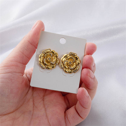 Floral Gold Plated Stud Earrings for Women - Light Luxury Flower Design Everyday Jewelry