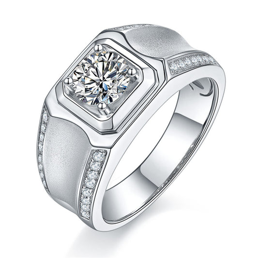 GRA Certified Moissanite Men's Ring - 925 Sterling Silver Geometric Wedding Band