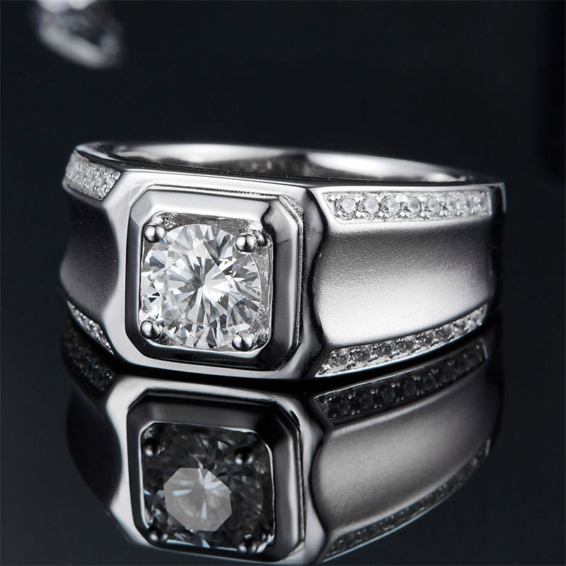GRA Certified Moissanite Men's Ring - 925 Sterling Silver Geometric Wedding Band