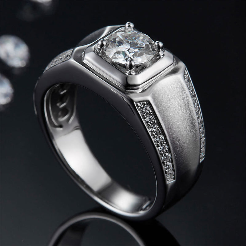 GRA Certified Moissanite Men's Ring - 925 Sterling Silver Geometric Wedding Band