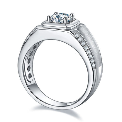 GRA Certified Moissanite Men's Ring - 925 Sterling Silver Geometric Wedding Band