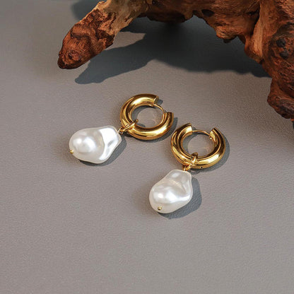 Geometric Baroque Pearl Drop Earrings in Surgical Steel & Gold Plating