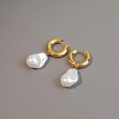 Geometric Baroque Pearl Drop Earrings in Surgical Steel & Gold Plating