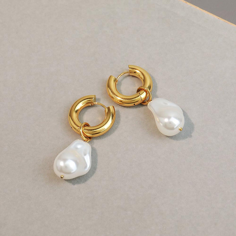 Geometric Baroque Pearl Drop Earrings in Surgical Steel & Gold Plating