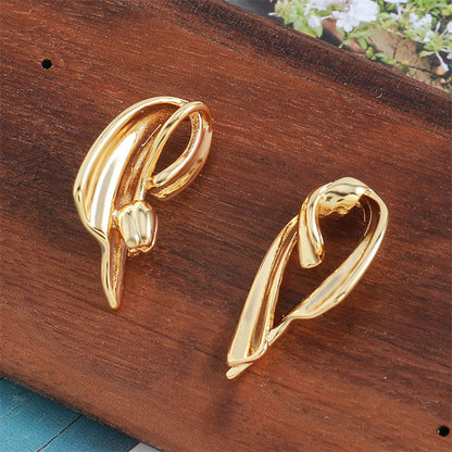 Geometric Fan-shaped Stud Earrings with Floral Motif in Genuine Gold Plating