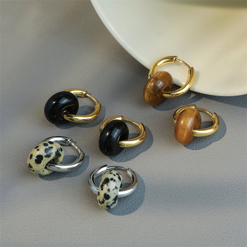 Geometric Gold-Plated Tiger's Eye, Black Onyx, and Speckled Stone Earrings for Women