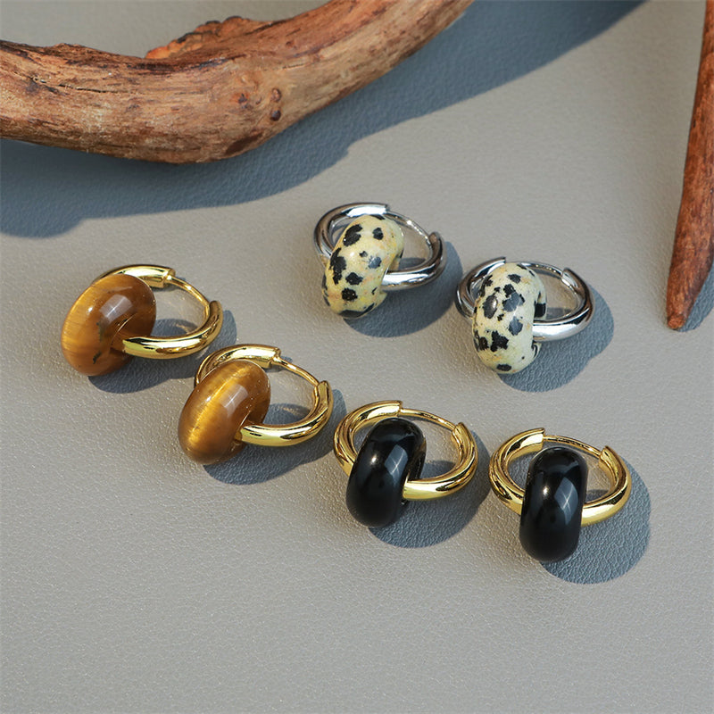 Geometric Gold-Plated Tiger's Eye, Black Onyx, and Speckled Stone Earrings for Women