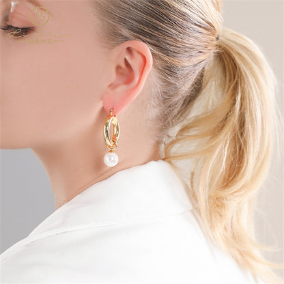 Geometric Gold Plated Hoop Earrings with Glass Pearls - Minimalist Circle Design Everyday Jewelry for Women