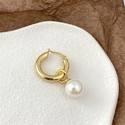 Geometric Gold Plated Hoop Earrings with Glass Pearls - Minimalist Circle Design Everyday Jewelry for Women