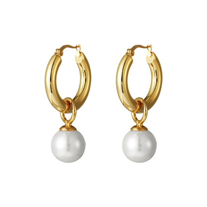 Geometric Gold Plated Hoop Earrings with Glass Pearls - Minimalist Circle Design Everyday Jewelry for Women