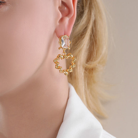Geometric Gold or White K Gold Plated Copper Earrings with Round Zircon – Natural Fresh Sweet Style