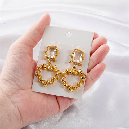 Geometric Gold or White K Gold Plated Copper Earrings with Round Zircon – Natural Fresh Sweet Style