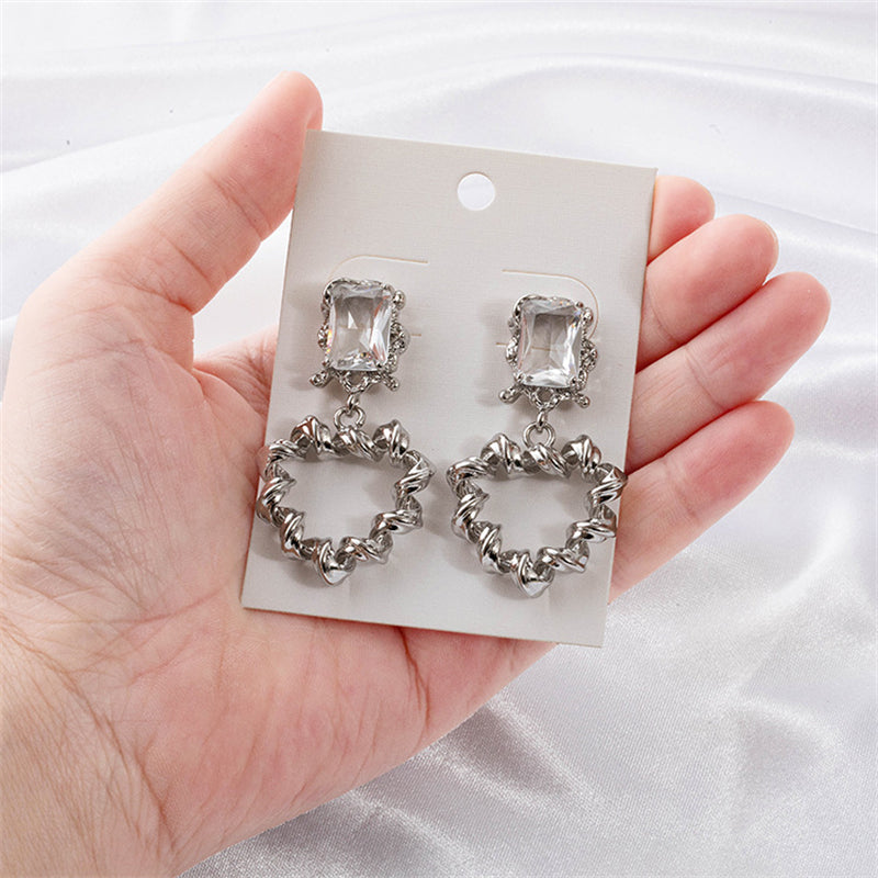Geometric Gold or White K Gold Plated Copper Earrings with Round Zircon – Natural Fresh Sweet Style