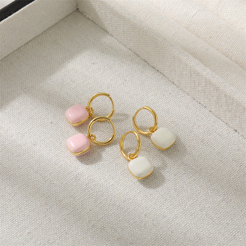 Geometric Heart & Square Stud Earrings - Enamel Color Gold Plated Cute Studs for Women