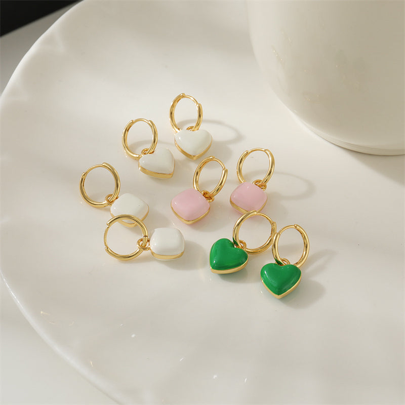 Geometric Heart & Square Stud Earrings - Enamel Color Gold Plated Cute Studs for Women