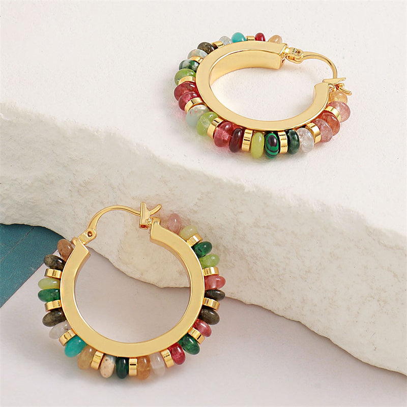 Geometric Hoop Earrings with Natural Stone - Gold Plated Light Luxury Earrings in Colorful & Black Styles