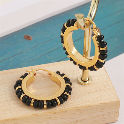 Geometric Hoop Earrings with Natural Stone - Gold Plated Light Luxury Earrings in Colorful & Black Styles