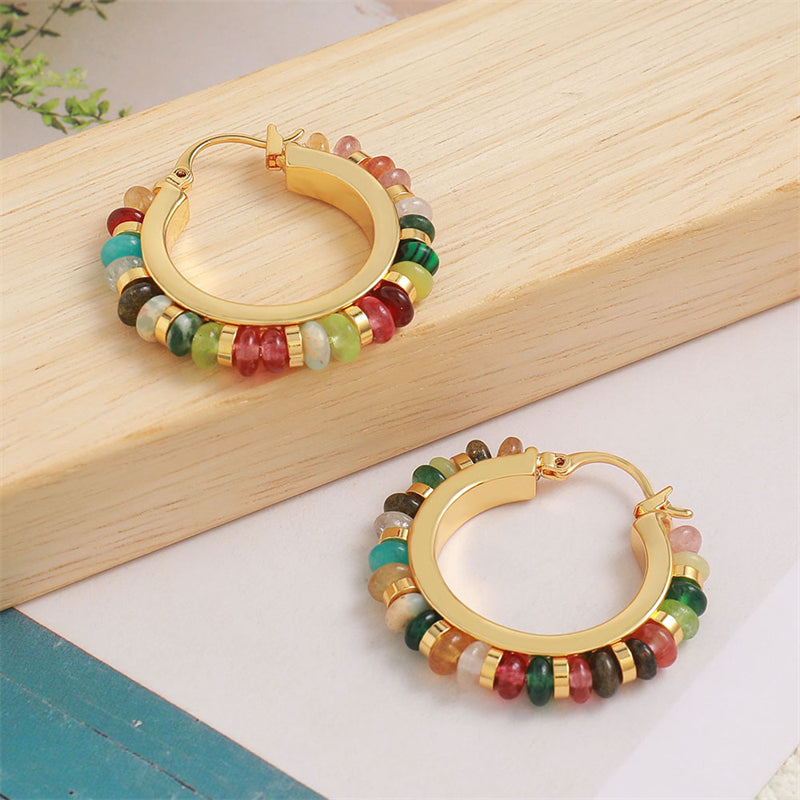 Geometric Hoop Earrings with Natural Stone - Gold Plated Light Luxury Earrings in Colorful & Black Styles