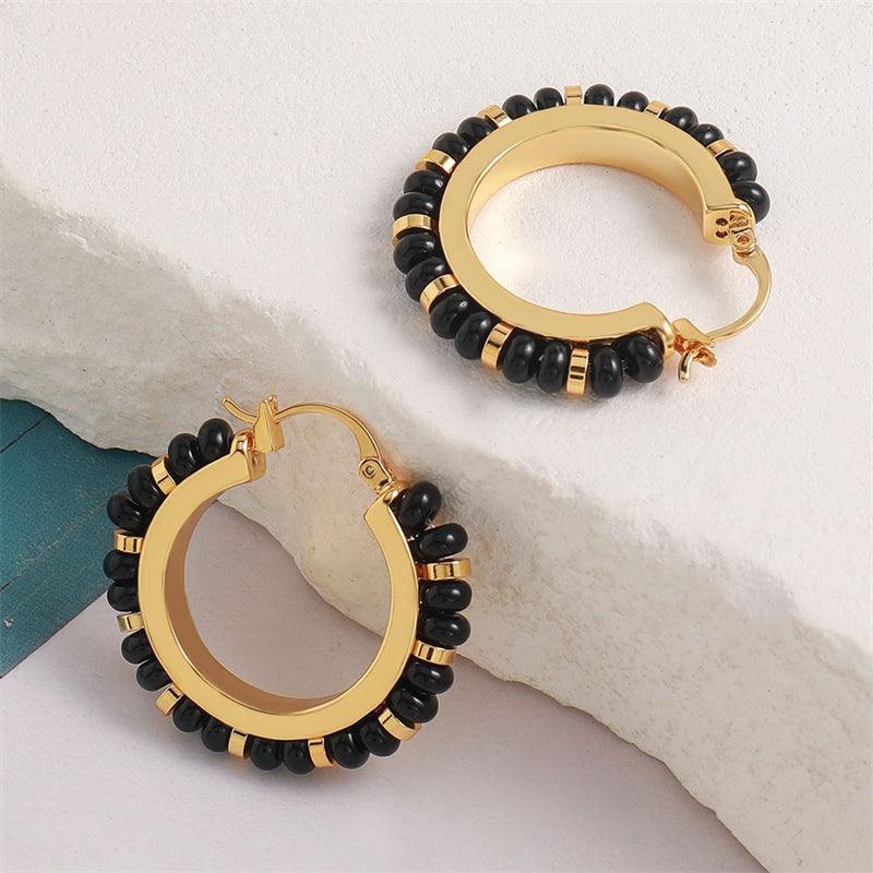 Geometric Hoop Earrings with Natural Stone - Gold Plated Light Luxury Earrings in Colorful & Black Styles