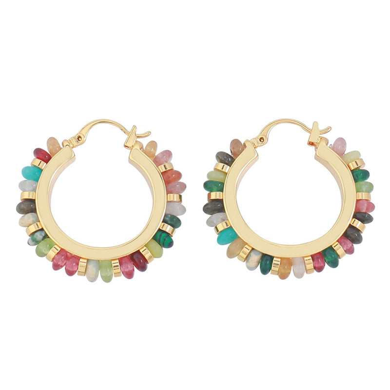 Geometric Hoop Earrings with Natural Stone - Gold Plated Light Luxury Earrings in Colorful & Black Styles