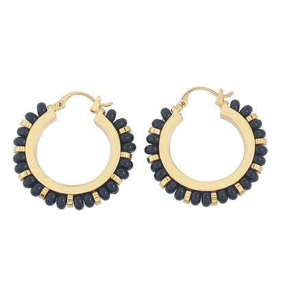 Geometric Hoop Earrings with Natural Stone - Gold Plated Light Luxury Earrings in Colorful & Black Styles
