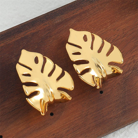 Geometric Leaf Design Stud Earrings in Genuine Gold Plating